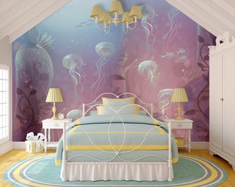 Jellyfish Wallpaper Girls Room. Sea Bottom Wall Mural Nursery Removable. Nautical Pattern Wallpaper Toddler Room. Blue Jellyfish Wall Decor