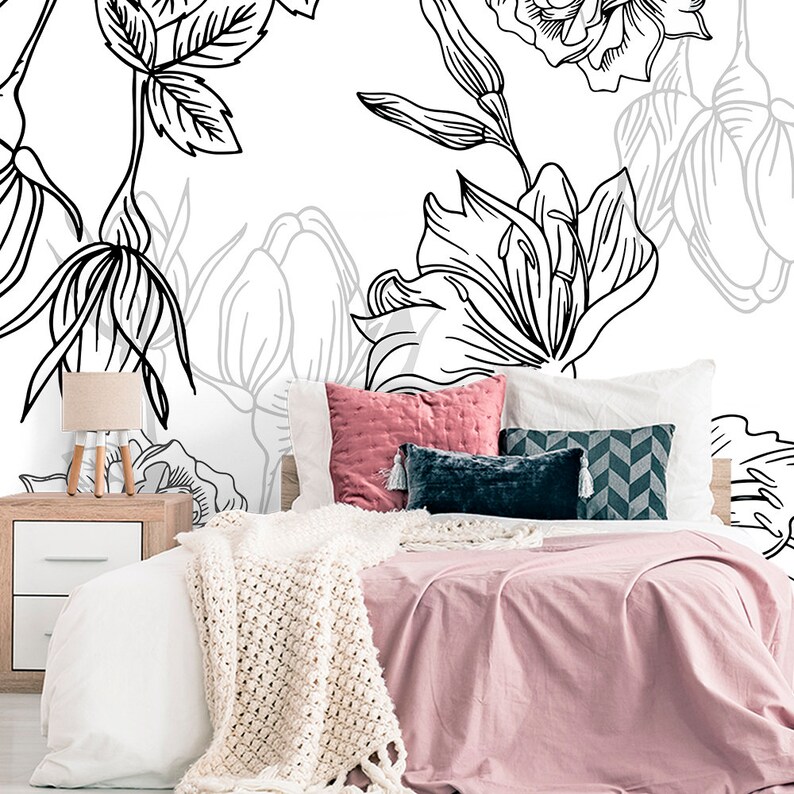 Floral Wallpaper Black and White / Self Adhesive Wallpaper / Etsy