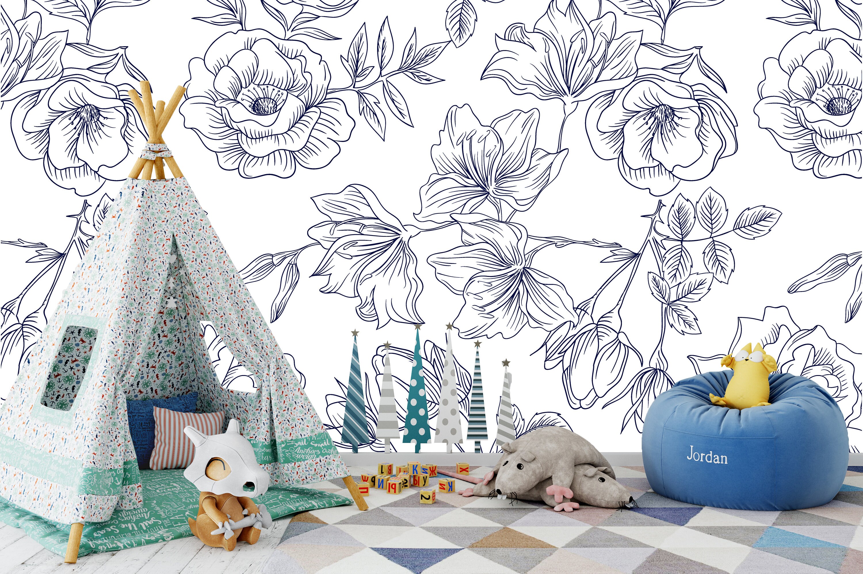 Floral Wallpaper Blue and White Flower Pattern Wallpaper | Etsy