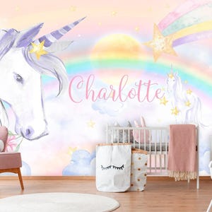 Unicorn Wallpaper Removable Girl Bedroom Unicorns Wall Mural Baby Nursery Rainbow Wallpaper Kids Watercolor Clouds Custom Name Personalized image 1