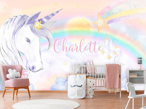 Unicorn Wallpaper Removable Girl Bedroom Unicorns Wall Mural Baby Nursery Rainbow Wallpaper Kids Watercolor Clouds Custom Name Personalized