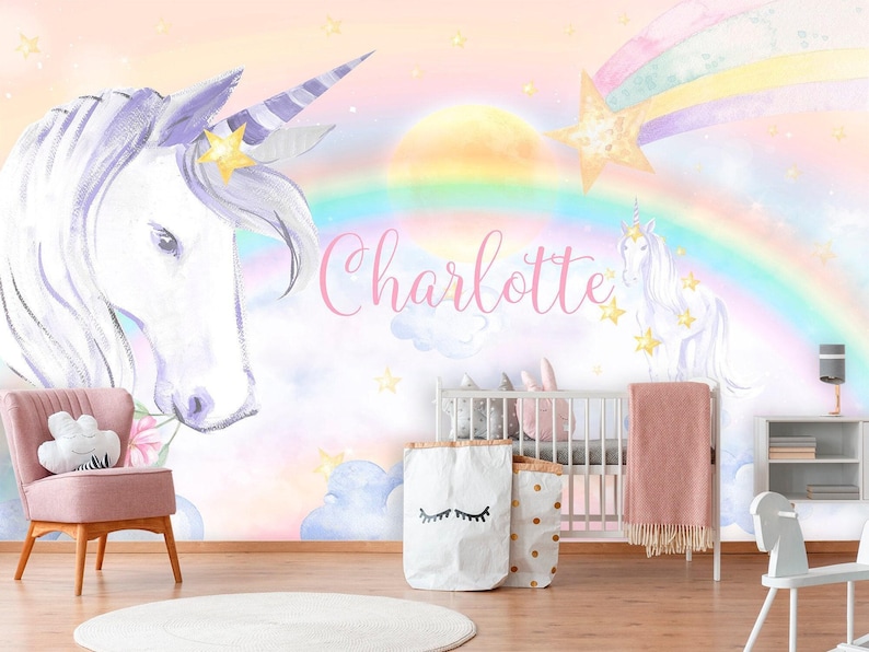 Unicorn Wallpaper Removable Girl Bedroom Unicorns Wall Mural Baby Nursery Rainbow Wallpaper Kids Watercolor Clouds Custom Name Personalized image 1