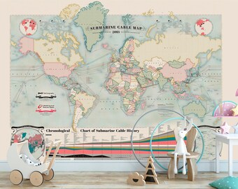 Large World Map Wall Mural. Old World Map Wallpaper Self Adhesive. World Map Accrent Wallpaper Removable. Modern Wallpaper for Kids KM560