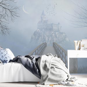 Wizard's Castle Wallpaper Peel and Stick, Blue Magic Castle Wallpaper Nursery, Princess Castle Wall Mural, Foggy Forest Wall Decor Boys Room