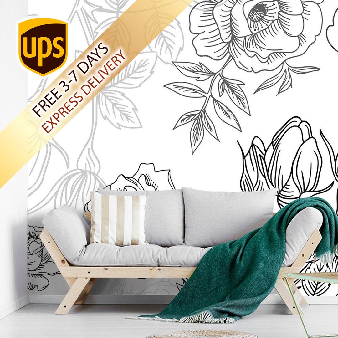 Flowers Wallpaper Black & White. Self Adhesive Wallpaper. Flowers Wall