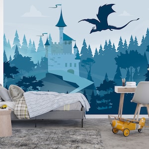 Dragon Castle Wallpaper Boys Room Peel and Stick, Woodland Wallpaper Mural Kids, Blue Wizard's Castle Wall Mural Forest Mountain Wallpaper