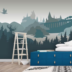 Dragon Castle Wallpaper Mural Kids Room, Fantasy Wall Mural Nursery Self Adhesive, Navy Blue Woodland Wallpaper, Magical Forest Wall Decal