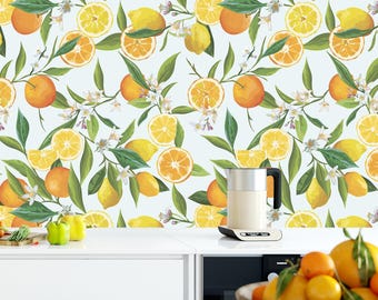Lemon Wallpaper for Kitchen, Watercolor Fruit Wall Mural for Living Room, Exotic Wallpaper Yellow Removable, Orange Decor Non Woven  WP35