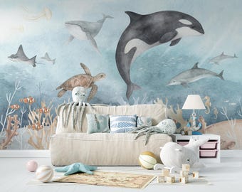 Ocean Adventure Wall Mural — Underwater Peel & Stick Wallpaper Nursery — Nautical Kids Room Decor — Sea Life Nursery Accent Wall Paper Blue