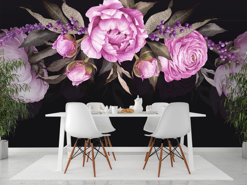 Peony Wallpaper Removable Dark Wallpaper Peonies Wall Mural Etsy