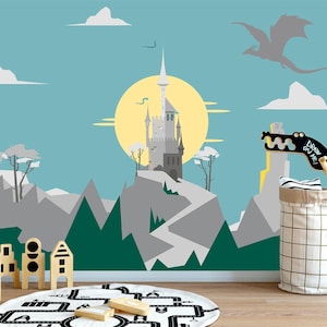 Dragon Castle Wallpaper Boys Room NonWoven, Moon Wallpaper Mural for Kids Removable, Grey Wizard&#39;s Castle Wall Mural Self-Adhesive KS882