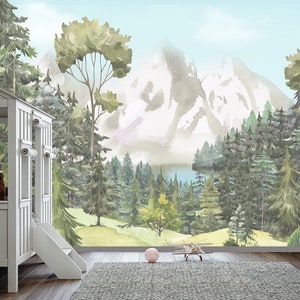Woodland Wallpaper Boys Room, Green Forest Wall Mural, Mountain Wallpaper Playroom, Boho Decor Nursery, Watercolor Landscape Wall Paper