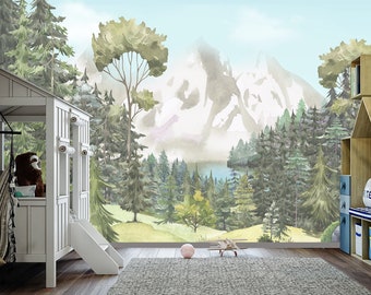Woodland Wallpaper Boys Room, Green Forest Wall Mural, Mountain Wallpaper Playroom, Boho Decor Nursery, Watercolor Landscape Wall Paper