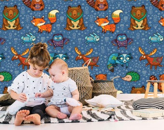 Funny Animals Wallpaper for Kids. Deer Nursery. Boho Removable Wallpaper. Woodland Nursery. Blue Wallpaper for Kids. Eco Material KM470