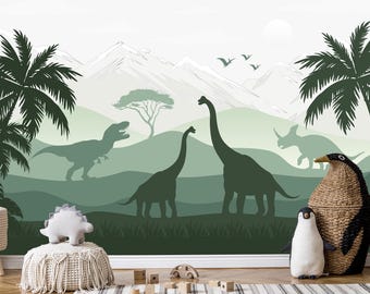 Dinosaur Wallpaper Mural Nursery Removable, Jurassic World Tropical  Wall Mural Kids Green Mountains Wallpaper Boys Room Trex Brachiosaurus