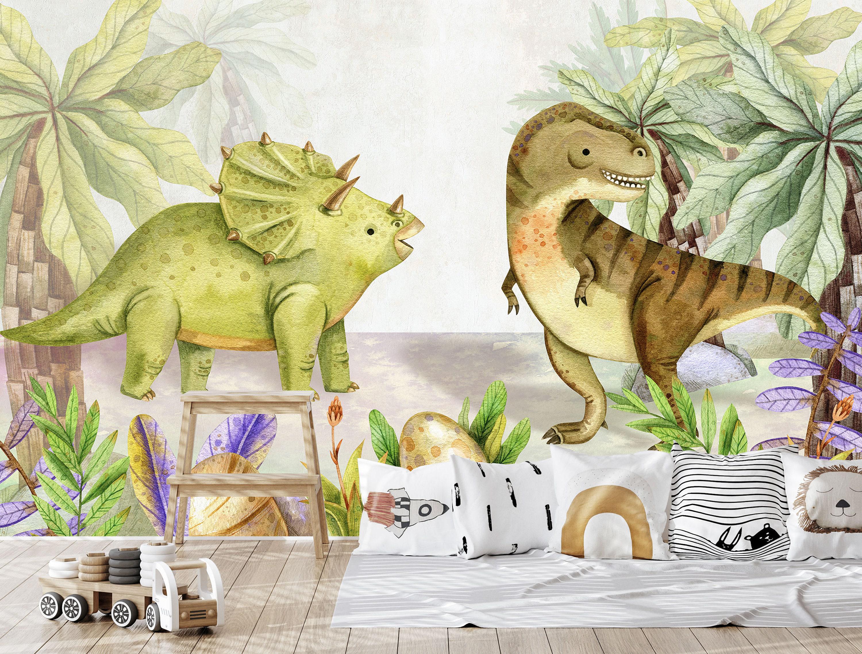 Dinosaur Wallpaper Nursery Removable, Jurassic World Playroom Wallpaper Dino Wall Decor Peel and Stick, Large trex Jungle Wallpaper Green