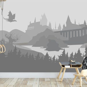 Wizard's Castle Wallpaper Boys Room Removable, Dragon Castle Wall Mural Self Adhesive Grey Mountain Wall Mural Magical Forest Wall Decor