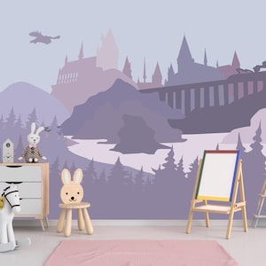 Castle Wallpaper Kids Room Peel and Stick Wizard's Castle Wall Mural Removable Woodland Wallpaper Mural Purple Pine Tree Wall Decor Magical