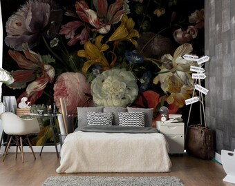 Dark Modern Floral Wallpaper. Oil Painting Flowers Wallpaper. Removable Mural. Watercolor Wallpaper. Eco Wallpaper for Bedroom KM56