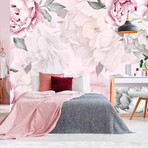 Peonies Wallpaper Girls Room Removable, Floral Wallpaper , Flowers Wall Mural Kids, Pink Wallpaper Peony Peel & Stick, Modern Wall Art X873