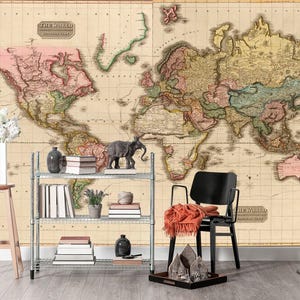 World Map Wallpaper Mural / Large Wall Murals / Non Woven Wallpaper / Self Adhesive Wallpaper World Map /Removable Wallpaper World Map KM559