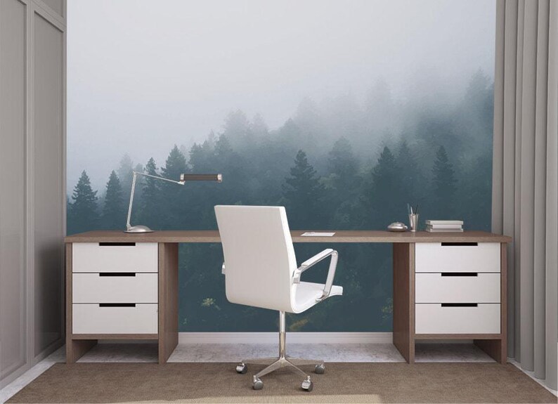 Foggy Forest Wallpaper. Watercolor Nature Wallpaper. Landscape Wall Art. Removable Wallpaper. Forest Eco Friendly Wall Decor KM14 image 4