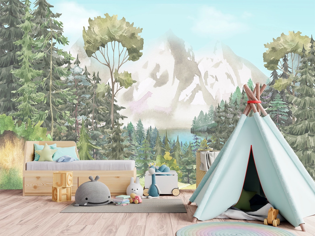 Woodland Wallpaper Neutral Nursery, Mountain Wall Mural Games Room