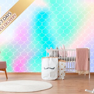 Rainbow Mermaid Tail Wallpaper for Girl Nursery. Mermaid | Etsy