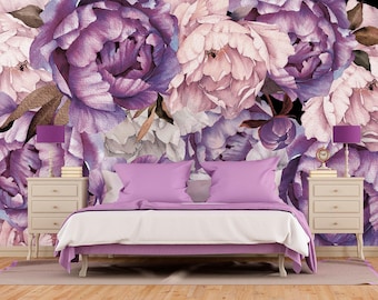 Purple Peonies Wallpaper Any Room, Floral Wall Mural, Flowers Wall Girls Room, Wallpaper Peony Peel & Stick, Modern  Peony Wall Art KN822