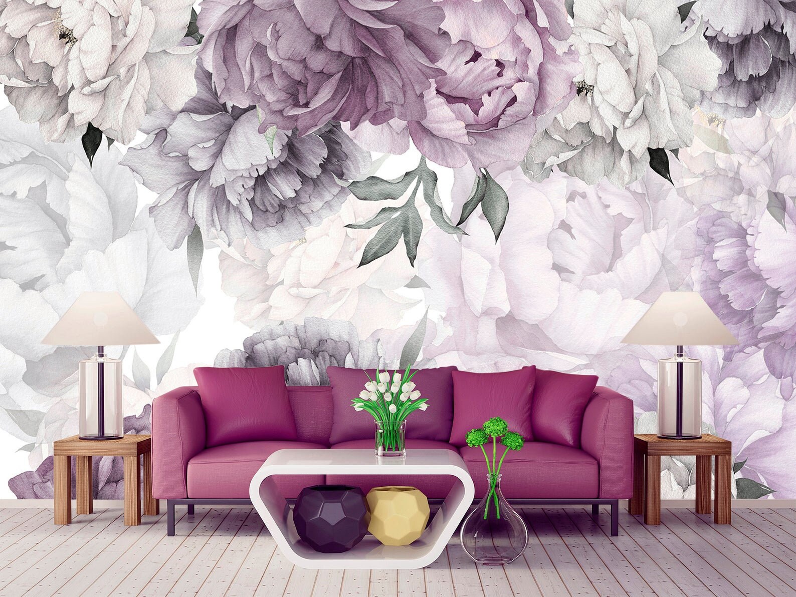 Purple Peony Wallpaper Removable, Floral Wallpaper Peonies, Flowers ...