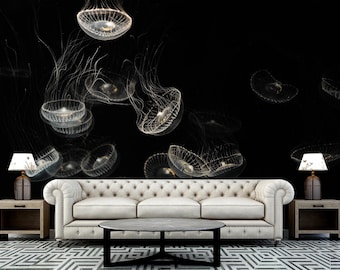 Jellyfish Wallpaper Dark. Sea Bottom Wall Murals Black and White. Nautical Pattern Wallpaper Roll Removable Ocean Wall Decor Modern Bathroom