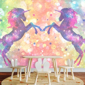 Unicorn Wallpaper Girls Room. Bright Wall Mural Sisters Bedroom Non Woven. Rainbow Wallpaper Nursery Galaxy Accent Wall for Kids Room  KS448