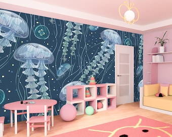 Jellyfish Wallpaper Nursery Nautical Pattern Wall Decor Removable  Sea Wall Art Self-Adhesive Bathroom Blue Ocean Wall Mural Peel and Stick