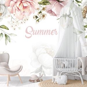 Floral Wallpaper Girls Room Removable, Personalized Peony Wall Mural Nursery, Peonies Wallpaper Baby Girl Room Flowers Wall Decor Kids KM66