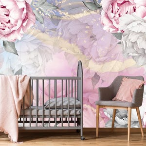 Peonies Wallpaper Girls Room, Floral Wallpaper Removable, Flowers Wall Mural Kids, Pink Wallpaper Peony Peel & Stick, Modern Wall Art KS872