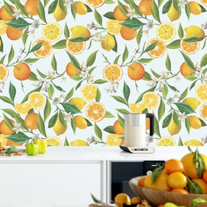 Lemon Wallpaper for Kitchen, Watercolor Fruit Wall Mural for Living Room, Exotic Wallpaper Yellow Removable, Orange Decor Non Woven  WP35