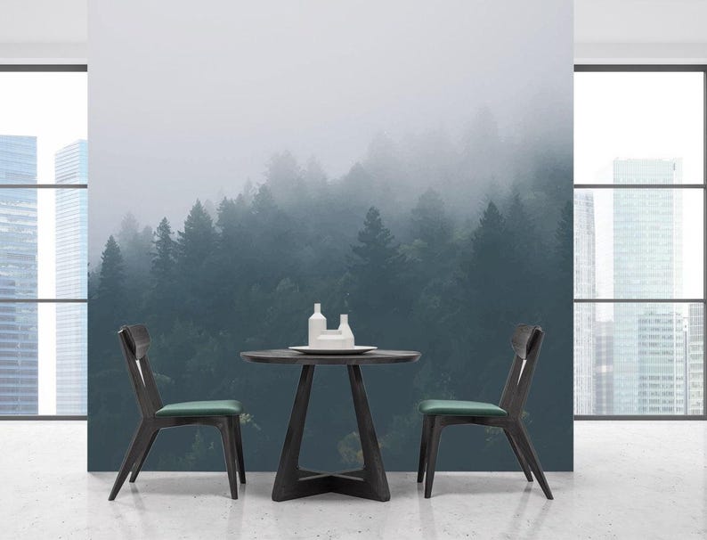 Foggy Forest Wallpaper. Watercolor Nature Wallpaper. Landscape Wall Art. Removable Wallpaper. Forest Eco Friendly Wall Decor KM14 image 3