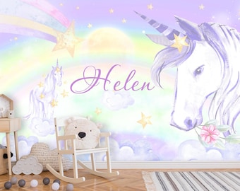 Unicorn Wallpaper Personalized Name, Unicorn Wallpaper Baby Girls Room, Rainbow Wall Mural Kids Peel and Stick,  Stars Accent Wall Decor