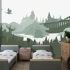 Dragon Castle Wallpaper Mural Boys Room, Fantasy Wall Mural Nursery Peel and Stick, Green Woodland Wallpaper, Magical Forest Boys Room Decor