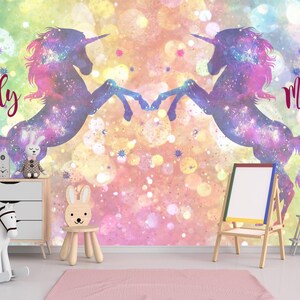 Unicorn Wallpaper Twins Room. Custom Name Wall Mural Girls Bedroom Self Adhesive Rainbow Wallpaper Girls Room Accent Wall for Sisters KM448 image 3