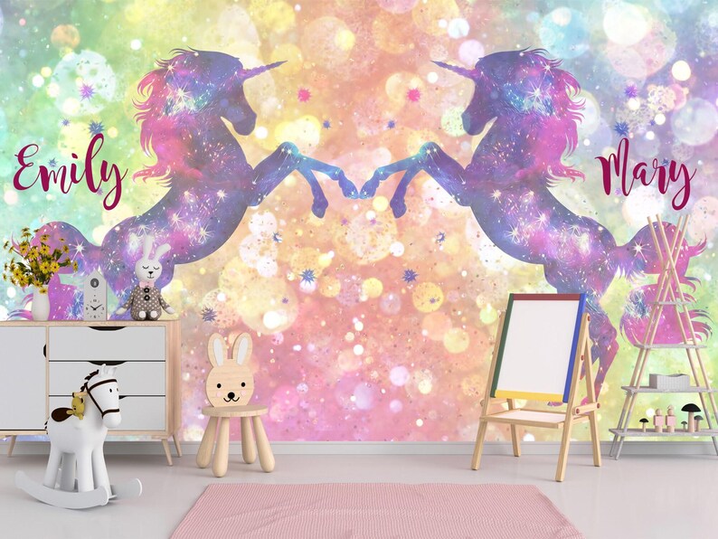 Unicorn Wallpaper Twins Room. Custom Name Wall Mural Girls Bedroom Self Adhesive Rainbow Wallpaper Girls Room Accent Wall for Sisters KM448 image 3