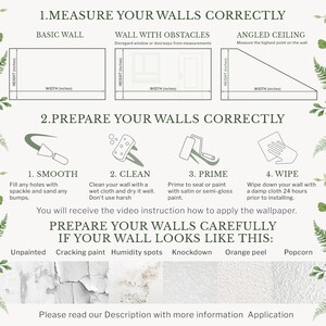 The image is a detailed instructional guide on how to prepare walls for wallpapering. It provides step-by-step instructions on how to properly prepare walls, including filling holes, cleaning, priming, and wiping down the wall. The guide also mentions that the user will receive a video instruction on how to apply the wallpaper. The image is a helpful resource for anyone planning to wallpaper their walls.