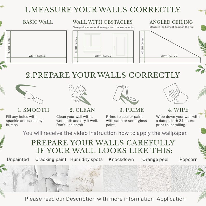 The image is a detailed instructional guide on how to prepare walls for wallpapering. It provides step-by-step instructions on how to properly prepare walls, including filling holes, cleaning, priming, and wiping down the wall. The guide also mentions that the user will receive a video instruction on how to apply the wallpaper. The image is a helpful resource for anyone planning to wallpaper their walls.