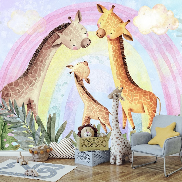 Safari Giraffe Family Wallpaper Nursery, Rainbow Wall Mural Removable, Jungle Animals Wallpaper Kids Peel and Stick, Tropical Playroom Decor