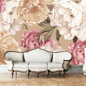 Peonies Wallpaper Living Room, Floral Wall Mural, Flowers Wall Girls Room, Pink Wallpaper Peony Peel & Stick, Modern Wall Art Peony KN808