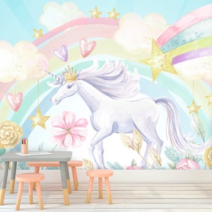 Unicorn Accent Wallpaper Girls Room. Unicorn Theme Wall Mural | Etsy