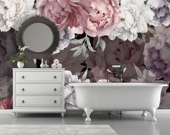 Dark Floral Wallpaper Peony Flowers Self-Adheseve Peonies Wallpaper Peel & Stick Wallpaper Removable Mural Floral Bedroom Girl Decor KM627