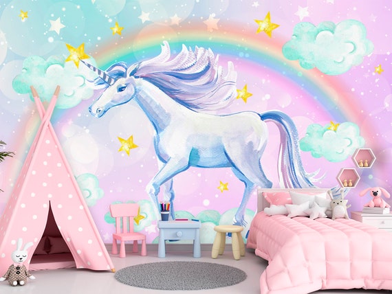 Unicorn Wallpaper Girls Room Removable. Unicorn Pattern Accent Wall Art  Princess Room. Rainbow With Stars Wall Mural Nursery Non Woven KN984 -   Canada