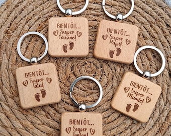 Porte clé en bois personnalisé Bientôt super papi, annonce de grossesse, anniversaire, mariage, fête des mères