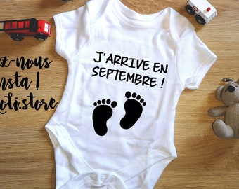 Baby-Body, personalisierter Body, Geburtsanzeige, Babyparty, Schwangerschaft, Babykleidung, beflockter Body, ich komme im (Monat) anpassbar an